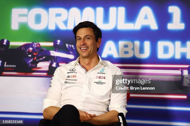 Mercedes GP Executive Director Toto Wolff talks in the team principals press conference ahead of the F1 Grand Prix of Abu Dhabi at Yas Marina Circuit...