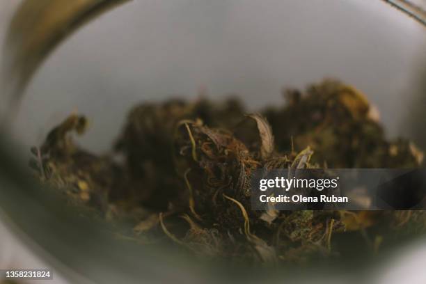 macro viewt of dried cannabis cones. - grass pile white background stock-fotos und bilder