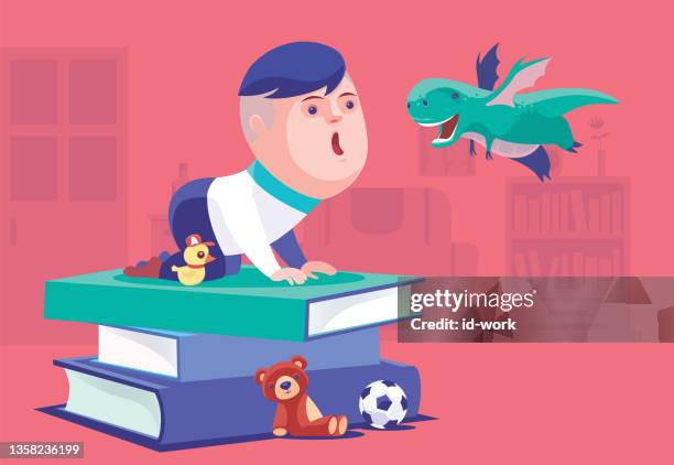 ilustrações, clipart, desenhos animados e ícones de menino reunião dragão voador em casa - funny football cartoons