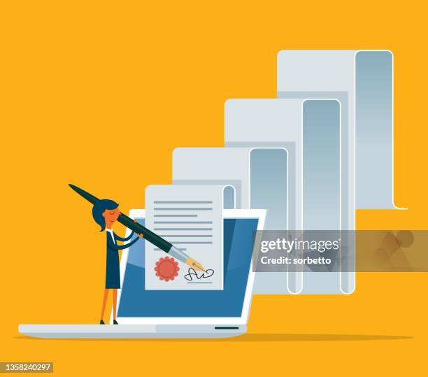 businesswoman - signing a contract - technical guidance stock illustrations