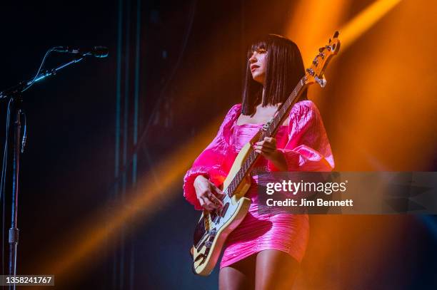 Bassist Laura Lee of Khruangbin performs live on stage at Royal Oak Music Theatre on December 09, 2021 in Royal Oak, Michigan.