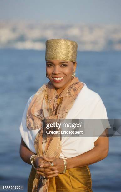 American jazz singer Dee Dee Bridgewater is at Istanbul's Topkapi Palace for the 1990 television program, Top a Topkapi, produced by Maritie et...