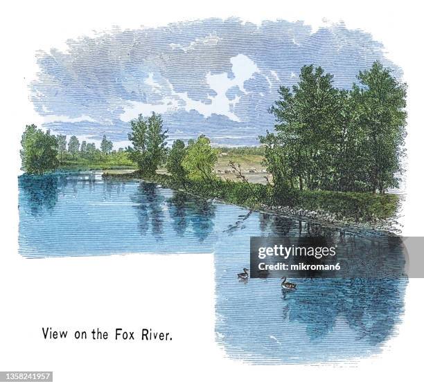 old engraved illustration of view on the fox river, tributary of the illinois river - illinois v wisconsin stock pictures, royalty-free photos & images