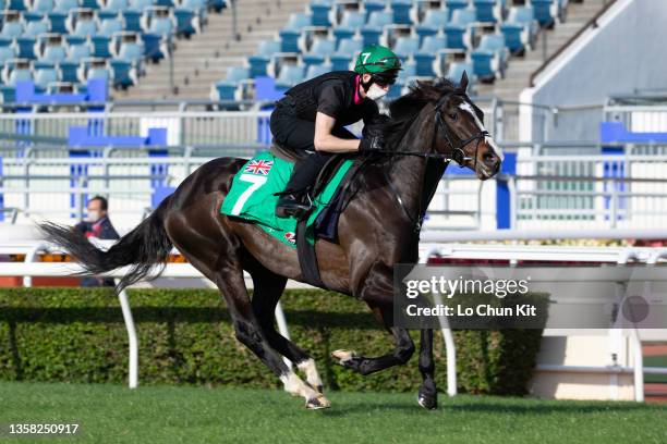 December 9 : Jockey Martin Dwyer riding Pyledriver exercises at Sha Tin Racecourse on December 9, 2020 in Hong Kong.