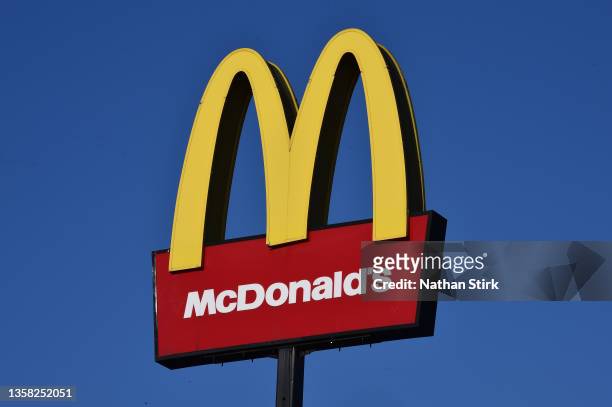 The American fast food company, McDonalds logo on December 10, 2021 in Stoke on Trent, England.