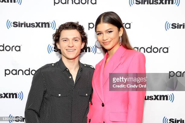 Tom Holland and Zendaya attend SiriusXM's Town Hall with the cast of Spider-Man: No Way Home on December 10, 2021 in New York City.