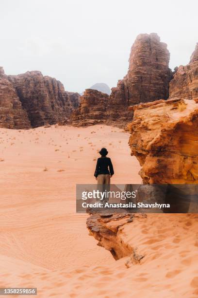 woman traveler contemplating the scenic mountain view of wadi rum desert from above - jordan pic stock pictures, royalty-free photos & images