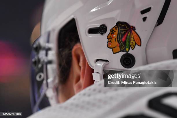 Chicago Blackhawks decal is seen in detail on a helmet during warmups prior to the game against the Montreal Canadiens at Centre Bell on December 9,...