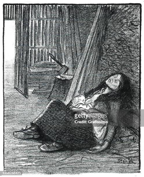 ilustraciones, imágenes clip art, dibujos animados e iconos de stock de joven en la pobreza durmiendo en la calle con el baby art nouveau 1896 - siglo xix