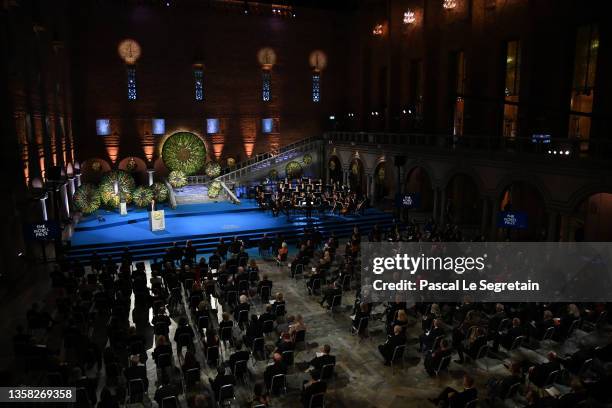 Peter Somfai presents the 2021 Nobel Prize in Chemistry during the Nobel Prize Awards ceremony at the Concert Hall on December 10, 2021 in Stockholm,...