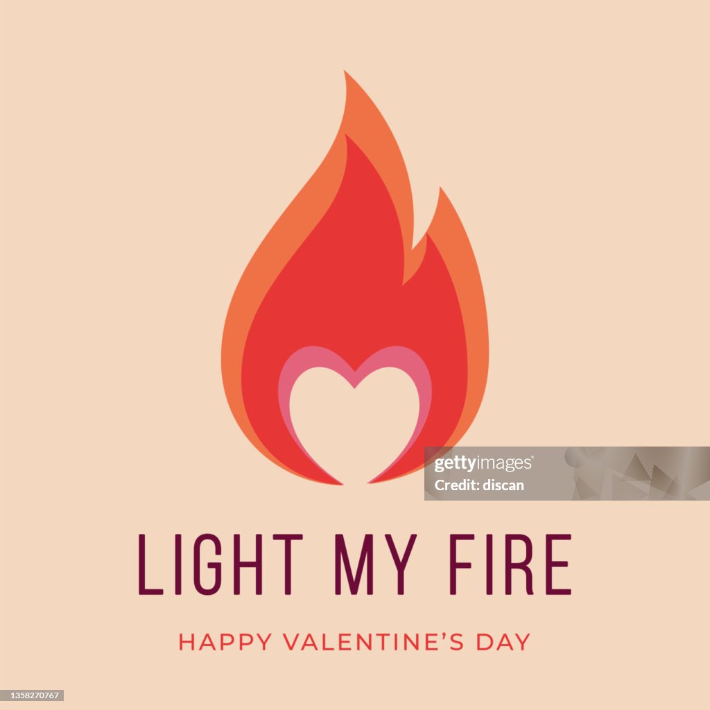 Valentines day card. You Light my fire. Burning match with inspiration quote.