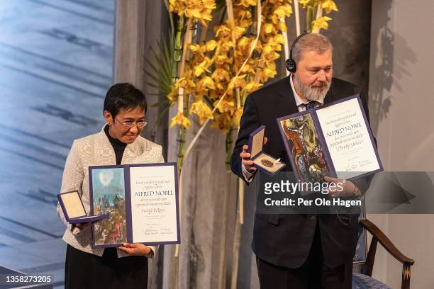 Nobel Peace Prize awarded Maria Ressa and Dmitri Moratov attend the Nobel Peace Prize ceremony 2021 at Oslo City Town Hall on December 10, 2021 in...