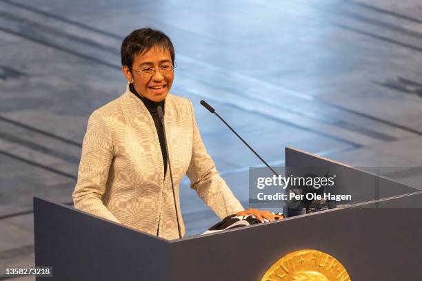 Nobel Peace Prize awarded Maria Ressa gives a speech at the Nobel Peace Prize ceremony 2021 at Oslo City Town Hall on December 10, 2021 in Oslo,...