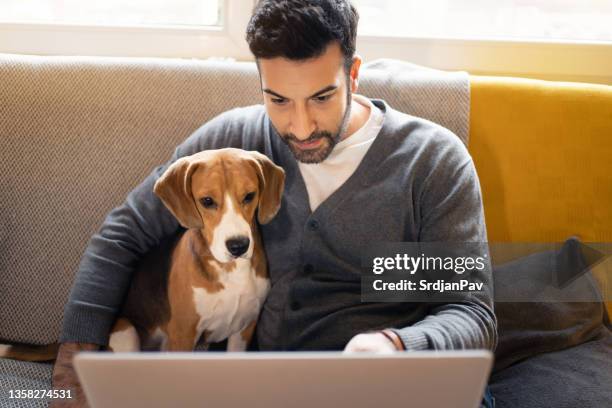 mann, der mit seinem hund auf dem sofa sitzt, während er einen videoanruf auf dem laptop führt - mittelalter mann stock-fotos und bilder