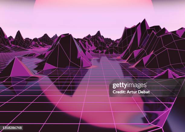 futuristic digital render with surreal cyber landscape and big sun. - music style stock pictures, royalty-free photos & images