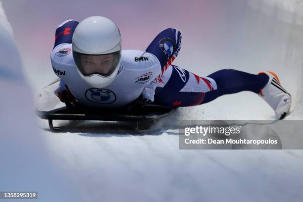 Kelly Curtis of USA competes in the Women's Skeleton during the BMW IBSF World Cup Bob & Skeleton 2021/22 at Veltins Eis-Arena on December 10, 2021...