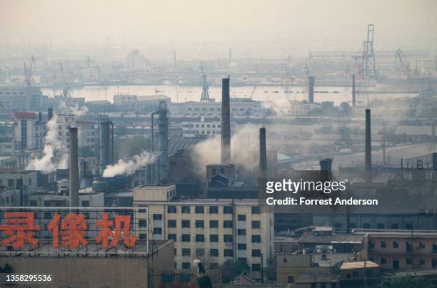 View of smokestacks and factories, Dalian, Liaoning Province, China, August 1994.