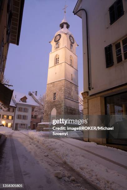 tower at ildefonsplatz in snow, olten, solothurn, switzerland - solothurn stock pictures, royalty-free photos & images