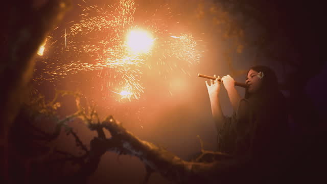 Girl sitting on a tree, playing flute with magical glowing butterflies flying around. Cinematic fantasy illustration.