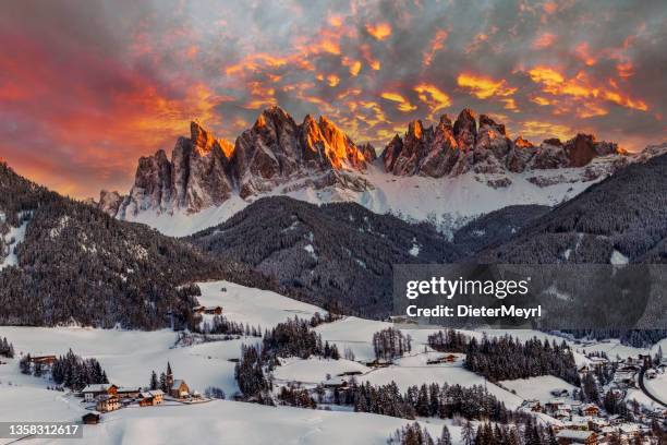 awesome winter landscape with santa maddalena village, dolomites, italy, europe - italy winter stock pictures, royalty-free photos & images