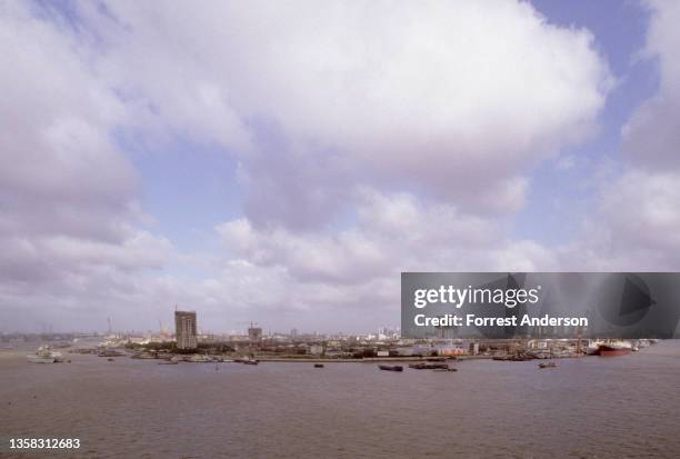 View, from across the Huangpu River, of the Pudong development zone, Shanghai, China, 1992.