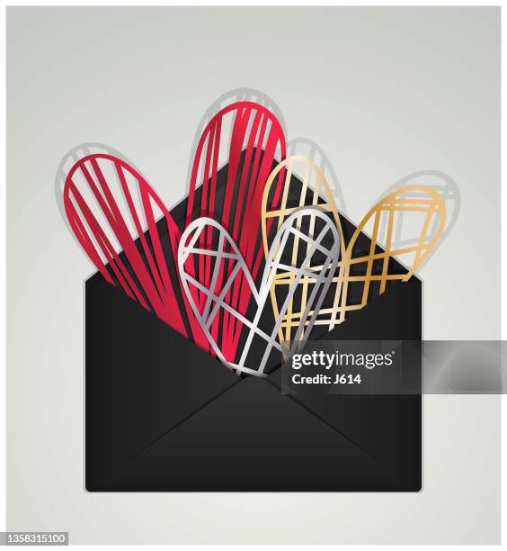 hearts in an envelope - gold envelope stock illustrations