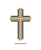 Christian cross modern linear style vector symbol isolated on white, faith and belief contemporary crucifix sign of Jesus Christ stripy graphic design.