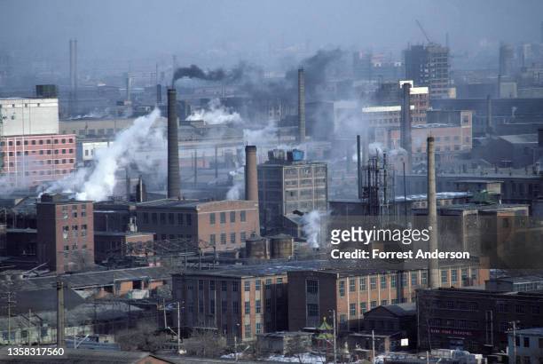 Elevated view of a cluster of factories, Shenyang, China, May 18, 1993.