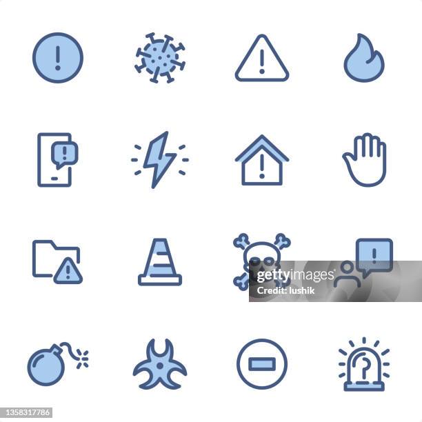ilustraciones, imágenes clip art, dibujos animados e iconos de stock de advertencia y peligro - iconos de línea azul pixel perfect - triángulo-de-advertencia
