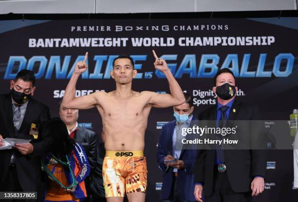 Nonito Donaire reacts during a weigh-in before his fight against Reymart Gaballo at the Hyatt Regency LAX on December 10, 2021 in Los Angeles,...