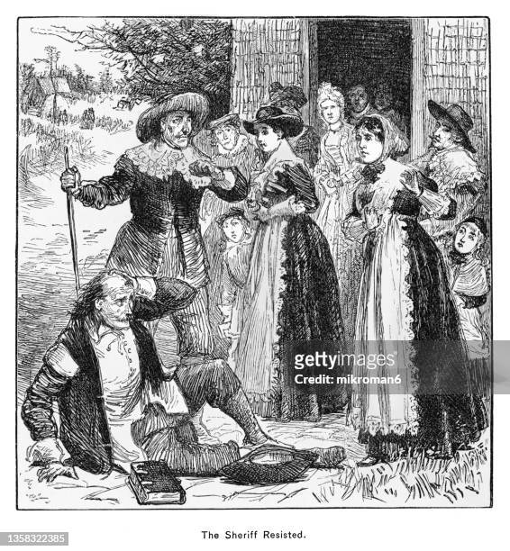 old engraved illustration of sheriff in new hampshire colony struck on the head with a bible by a young woman for attempting to make an arrest during church services - woman rural pounding stock-fotos und bilder