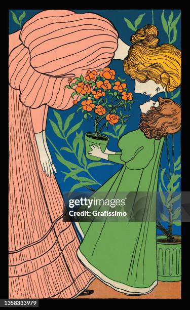 ilustraciones, imágenes clip art, dibujos animados e iconos de stock de joven vestida besando a su hija art nouveau 1896 - siglo xix