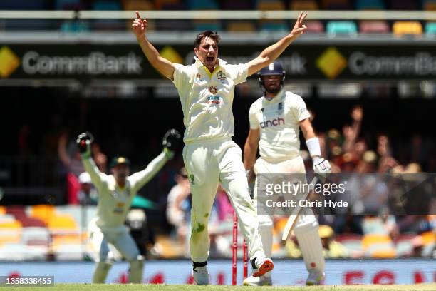 Pat Cummins of Australia appeals for a wicket during day four of the First Test Match in the Ashes series between Australia and England at The Gabba...