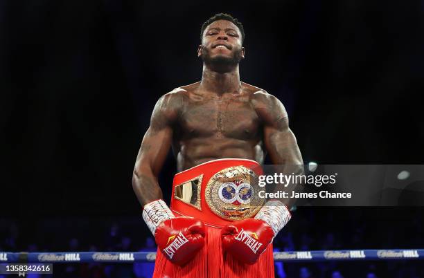 Isaac Chamberlain celebrates victory with the IBF International Cruiserweight belt after the IBF International Cruiserweight title fight between...