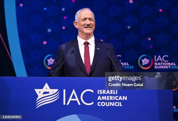 Defense Minister of Israel Benny Gantz speaks at the 2021 IAC National Summit at The Diplomat Beach Resort on December 10, 2021 in Hollywood, Florida.