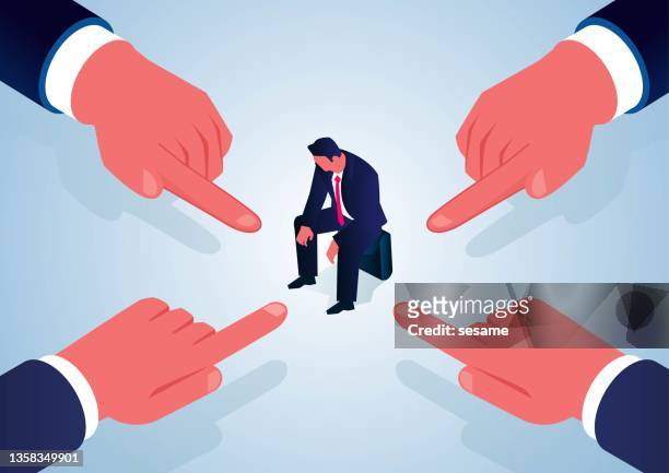 stockillustraties, clipart, cartoons en iconen met isometric four fingers pointing at scared businessman, businessman is blamed - harassment work