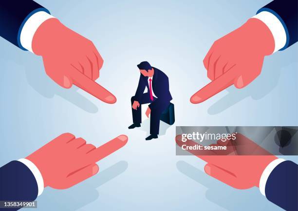 isometric four fingers pointing at scared businessman, businessman is blamed - anti bullying symbols 幅插畫檔、美工圖案、卡通及圖標