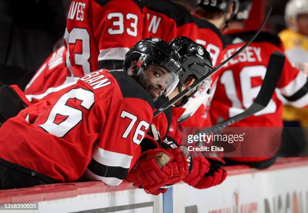 Subban of the New Jersey Devils reacts to the loss to the Nashville Predators at Prudential Center on December 10, 2021 in Newark, New Jersey. The...