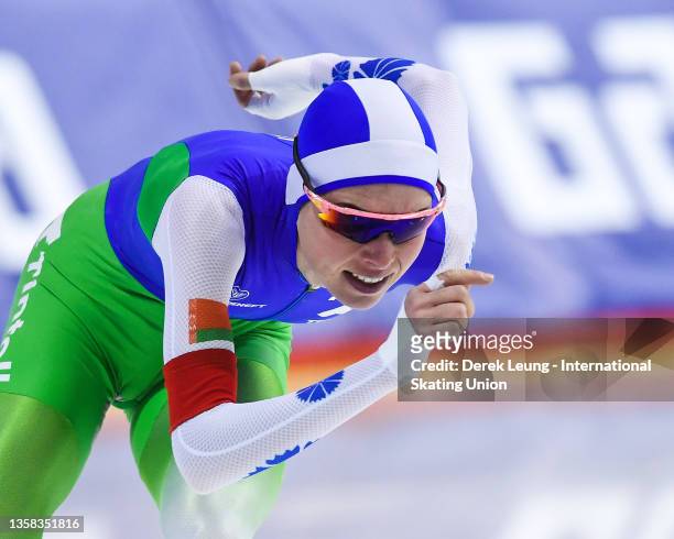 Marina Zueva races in the Women's 3000m during the ISU World Cup Speed Skating competition at The Olympic Oval on December 10, 2021 in Calgary,...