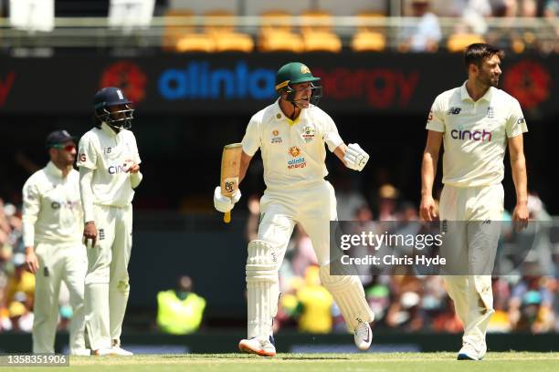 Marnus Labuschagne of Australia celebrates winning during day four of the First Test Match in the Ashes series between Australia and England at The...