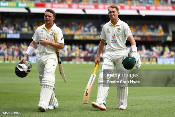 Marcus Harris of Australia and Marnus Labuschagne of Australia walk off the field after winning during day four of the First Test Match in the Ashes...