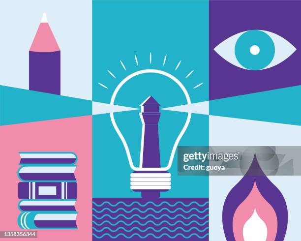 illustrazioni stock, clip art, cartoni animati e icone di tendenza di il design di fari, penne, libri, fuoco, occhi e luci elettriche costituiscono un quadro creativo. - lampada elettrica