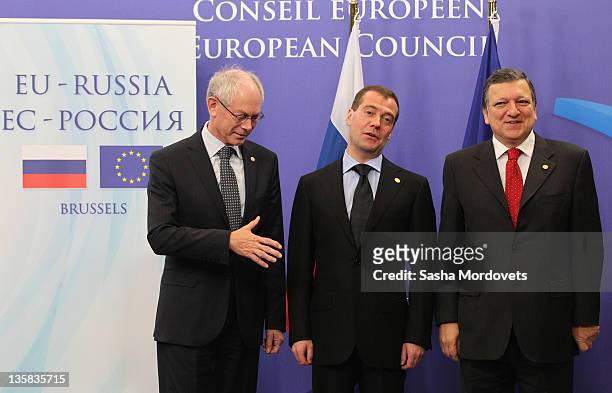 Russian President Dmitry Medvedev , European Council President Herman Van Rompuy and European Commission President Jose Manuel Barroso pose for a...