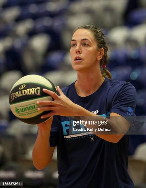 Jenna O’Hea of the Flyers warms up during the round two WNBL match between Melbourne Boomers and Southside Flyers at , on December 11 in Melbourne,...