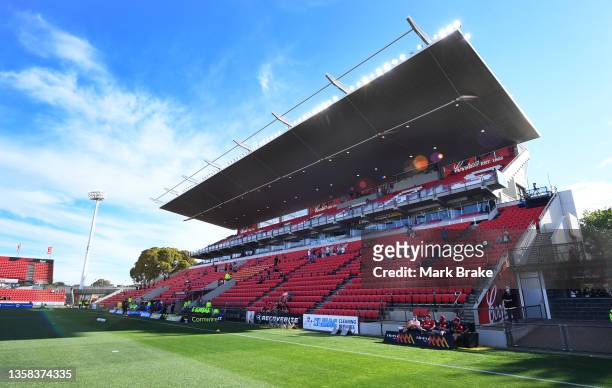 General view of main grand stand during the A-League Mens match between Adelaide United and Melbourne Victory at Coopers Stadium, on December 11 in...