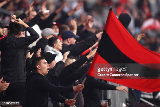 Wanderers fans sing during the A-League Mens match between Western Sydney Wanderers and Macarthur FC at CommBank Stadium, on December 11 in Sydney,...