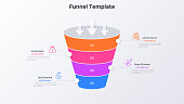 Funnel-shaped diagram divided into 4 colorful layers. Concept of four-stepped business model. Minimal infographic design template. Flat modern vector illustration for information visualization.