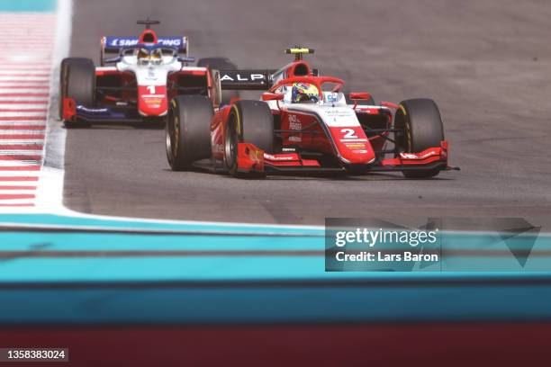 Oscar Piastri of Australia and Prema Racing leads Robert Shwartzman of Russia and Prema Racing during sprint race 1 of Round 8:Yas Island of the...