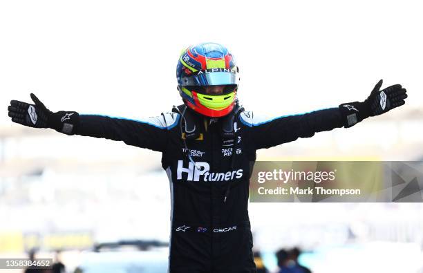 Champion Oscar Piastri of Australia and Prema Racing celebrates in parc ferme during sprint race 1 of Round 8:Yas Island of the Formula 2...