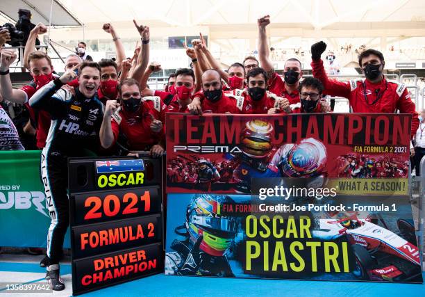 Champion Oscar Piastri of Australia and Prema Racing celebrates in parc ferme during sprint race 1 of Round 8:Yas Island of the Formula 2...